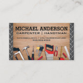 Carpenter Tools on Wooden Table | Metaalstaal Visitekaartje (Voorkant)