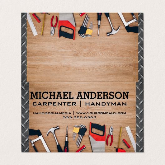 Carpenter Tools on Wooden Table | Metaalstaal Visitekaartje (Buitenkant ongevouwen)