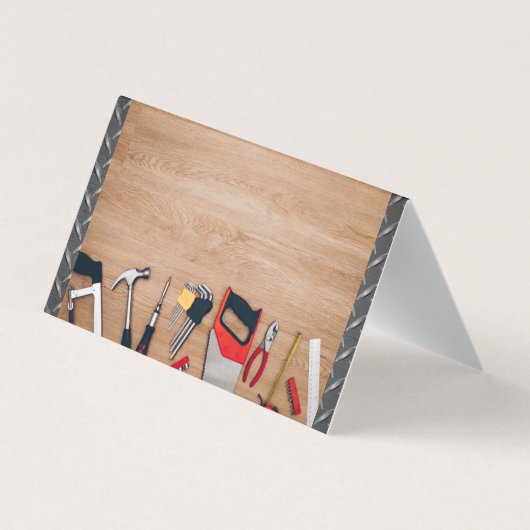 Carpenter Tools on Wooden Table | Metaalstaal Visitekaartje (Achterkant)