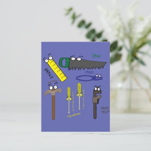 Carpenter Tools Whimsical Cartoon Art Briefkaart (Staand voorkant)