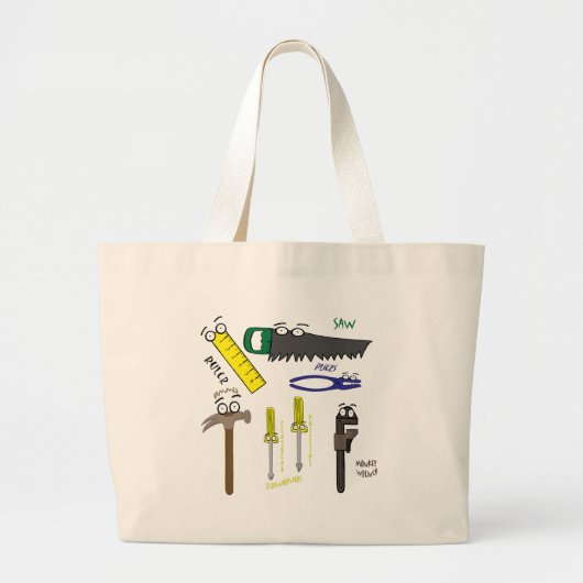 Carpenter Tools Whimsical Cartoon Art Grote Tote Bag (Voorkant)