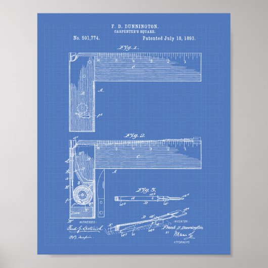 Carpenter's Square 1893 Patent Art Blueprint Poster (Voorkant)