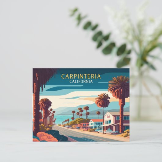 Carpinteria California Sunset Palm Trees Retro Briefkaart (Staand voorkant)