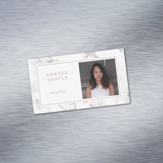 Carrara Marble Faux Roos Gold Foto Magnetisch Visitekaartje (Voorbeeld)
