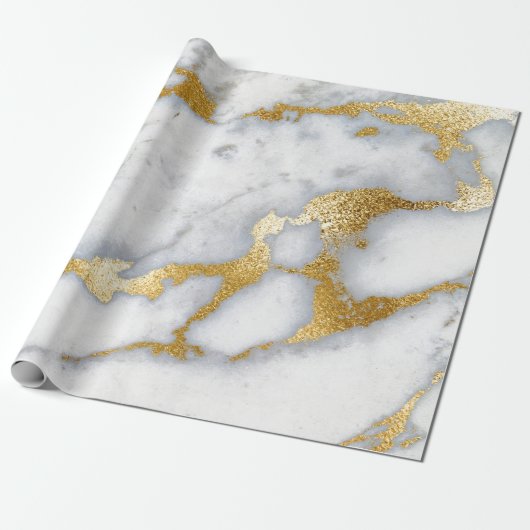 Carrara Marble White Grey Golden Strokes Minimal Cadeaupapier (Uitgerold)