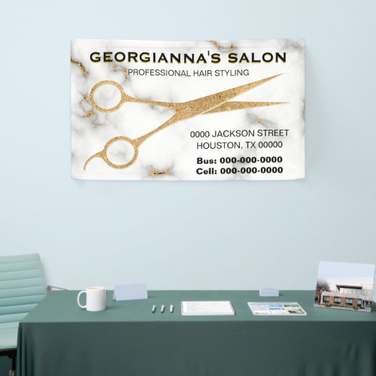 Carrara Marmer Gouden Schaar Haar Stylist Adres Spandoek (Beurs)