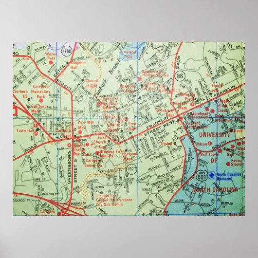 Carrboro en Chapel Hill, NC  Map Poster (Voorkant)
