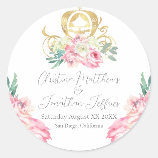Carriage and Pink Flowers Fairy Tale Wedding Ronde Sticker (Voorkant)