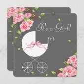 Carriage Grey Pink Rose Baby Shower Uitnodigingen (Voorkant / Achterkant)