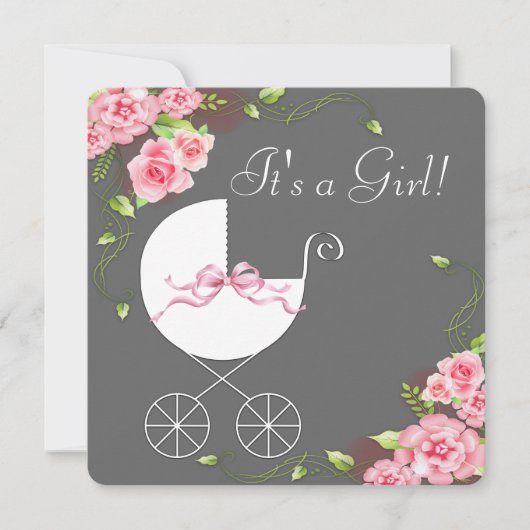 Carriage Grey Pink Rose Baby Shower Uitnodigingen (Voorkant)