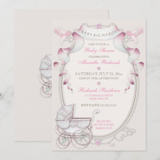 Carriage Ivory Pink Gingham Birds Kaart (Voorkant / Achterkant)