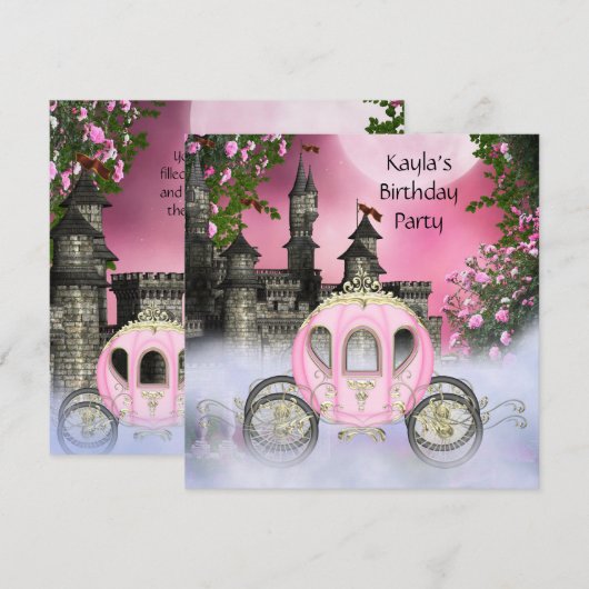 Carriage Pink Roses Prinses Verjaardagsfeestje Kaart (Voorkant / Achterkant)
