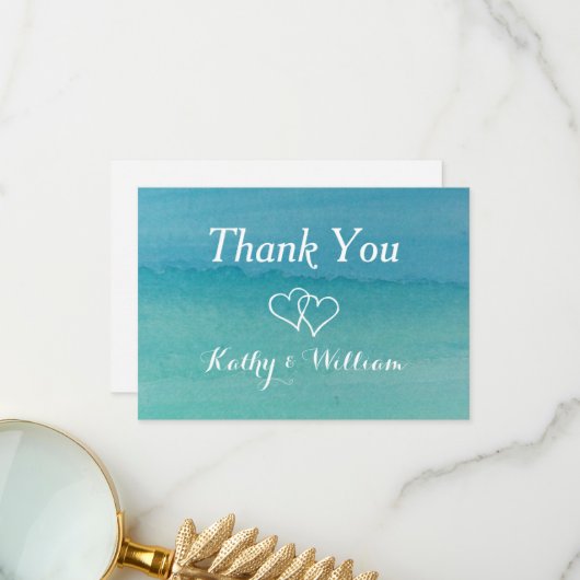 Carribean zeegezicht waterverf strand bruiloft bedankkaart (Voorkant / Achterkant in situ)