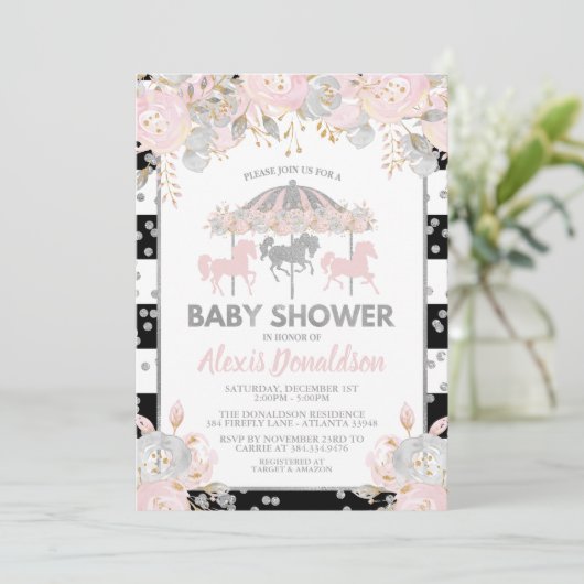 Carrousel Baby shower Invitation Silver floral Kaart (Staand voorkant)