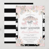 Carrousel Baby shower Invitation Silver floral Kaart (Voorkant / Achterkant)