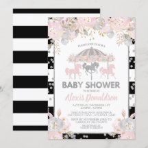 Carrousel Baby shower Invitation Silver floral