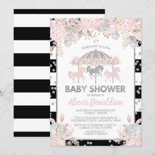 Carrousel Baby shower Invitation Silver floral Kaart