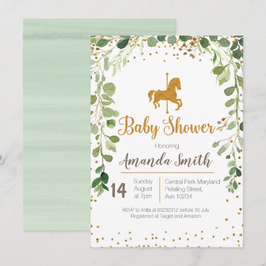 Carrousel Baby shower nodigde Greenery uit Kaart (Voorkant / Achterkant)