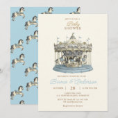  Carrousel Baby shower Uitnodigen in Blauw Kaart (Voorkant / Achterkant)