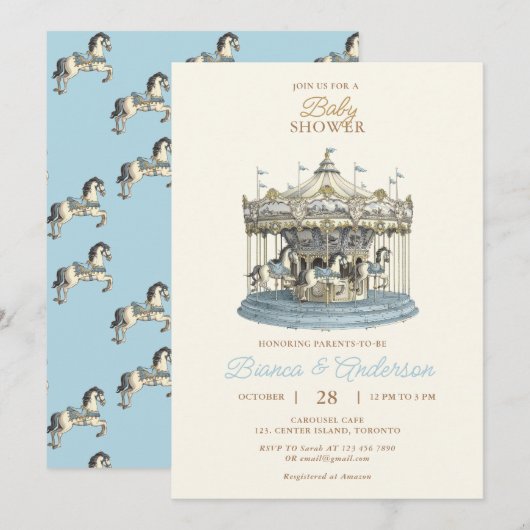 Carrousel Baby shower Uitnodigen in Blauw Kaart (Voorkant / Achterkant)