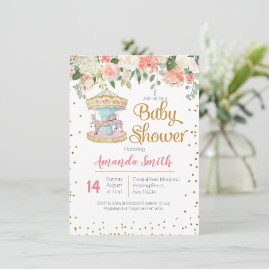 Carrousel Baby shower uitnodiging Meisje (Staand voorkant)