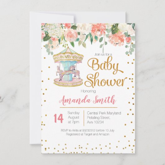 Carrousel Baby shower uitnodiging Meisje (Voorkant)