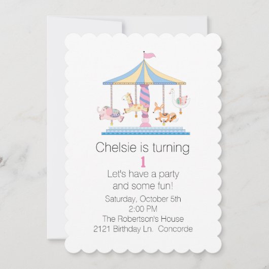 Carrousel baby's eerste verjaardag uitnodiging (Voorkant)