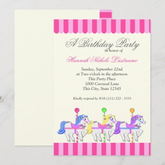 Carrousel Birthday Pink Kaart (Voorkant / Achterkant)