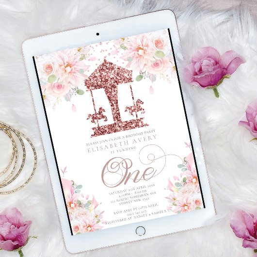 Carrousel Bloemen Glitter Eerste Verjaardag Kaart