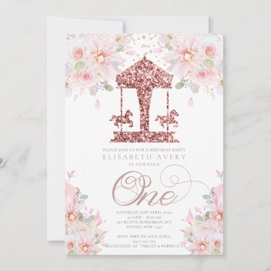 Carrousel Bloemen Glitter Eerste Verjaardag Kaart (Voorkant)