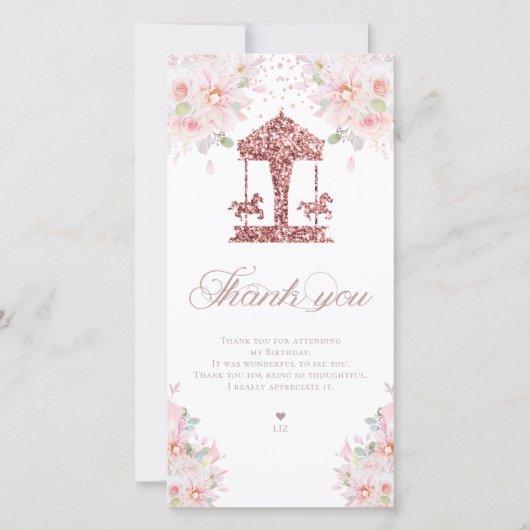 Carrousel Bloemen Glitter Verjaardag Bedankkaart (Voorkant)
