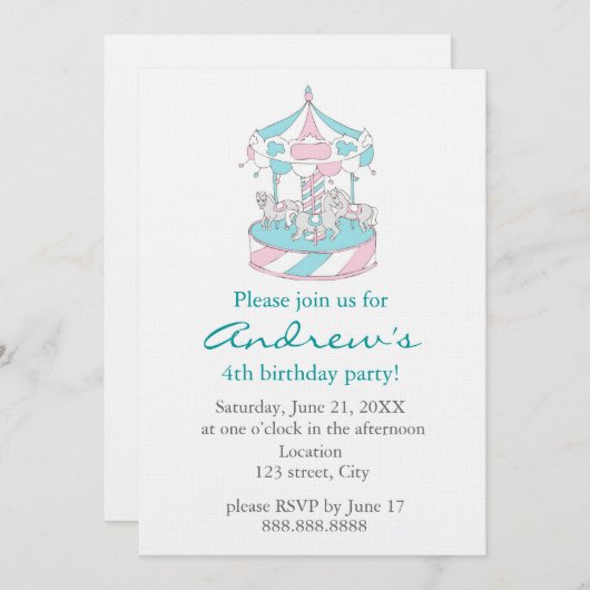Carrousel Child Birthday Invitation Kaart (Voorkant / Achterkant)