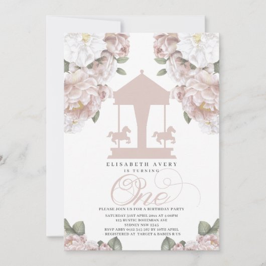 Carrousel Floral Soft roze First Birthday Kaart (Voorkant)