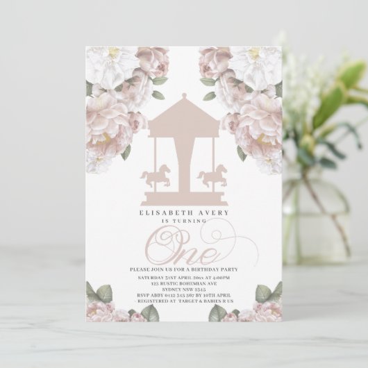 Carrousel Floral Soft roze First Birthday Kaart (Staand voorkant)