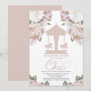 Carrousel Floral Soft roze First Birthday Kaart