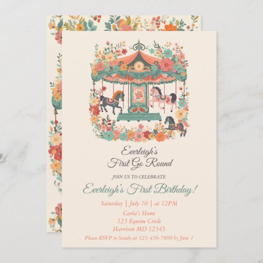 Carrousel gaat rond eerste verjaardag kaart (Voorkant / Achterkant)