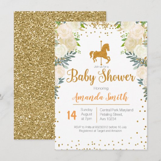 Carrousel Gold White Baby shower-uitnodiging Kaart (Voorkant / Achterkant)