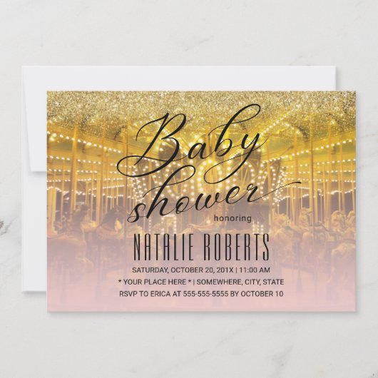 Carrousel Modern Gold & Roze Typografie Baby showe Kaart (Voorkant)