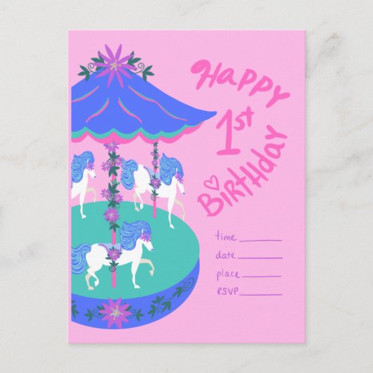 Carrousel Paarden 1e verjaardag Briefkaart (Voorkant)