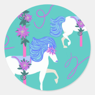Carrousel Paarden Versierde paarse bloemen Ronde Sticker
