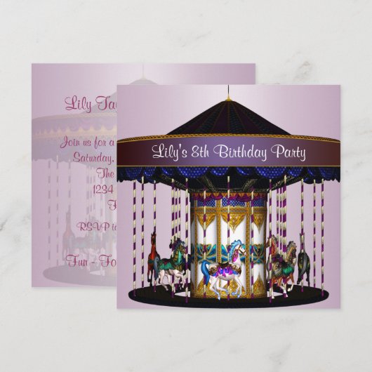 Carrousel pony's 8e verjaardagsfeest uitnodiging 8 (Voorkant / Achterkant)