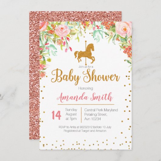 Carrousel Roos Gold Baby shower uitnodiging (Voorkant / Achterkant)