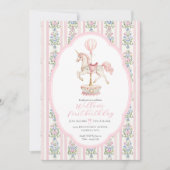 Carrousel roze eerste verjaardag kaart (Voorkant)