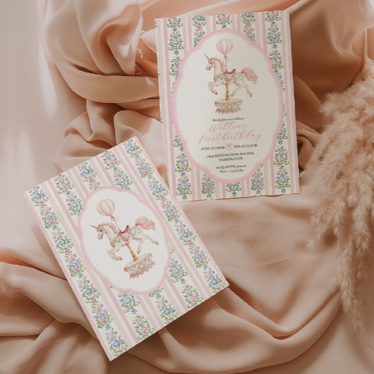 Carrousel roze eerste verjaardag kaart