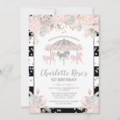 Carrousel roze Silver First Birthday Invitation Kaart (Voorkant)