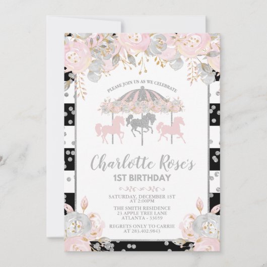 Carrousel roze Silver First Birthday Invitation Kaart (Voorkant)