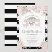 Carrousel roze Silver First Birthday Invitation Kaart (Voorkant / Achterkant)