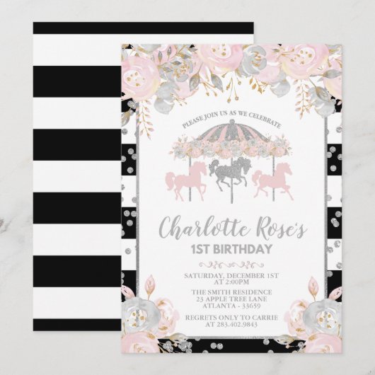 Carrousel roze Silver First Birthday Invitation Kaart (Voorkant / Achterkant)