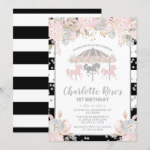 Carrousel roze Silver First Birthday Invitation
