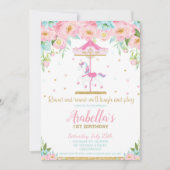 Carrousel Unicorn 1e verjaardag Roze Mint Floral Kaart (Voorkant)